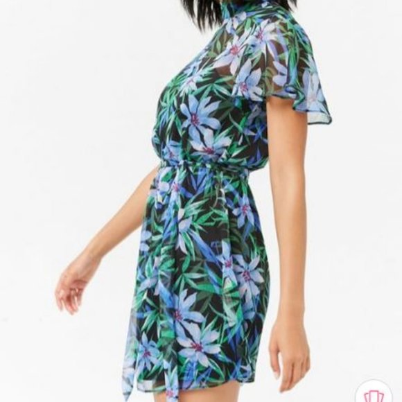 Blue & Green Floral Print Semi-Sheer Dress Forever 21 Size Small - Picture 3 of 11
